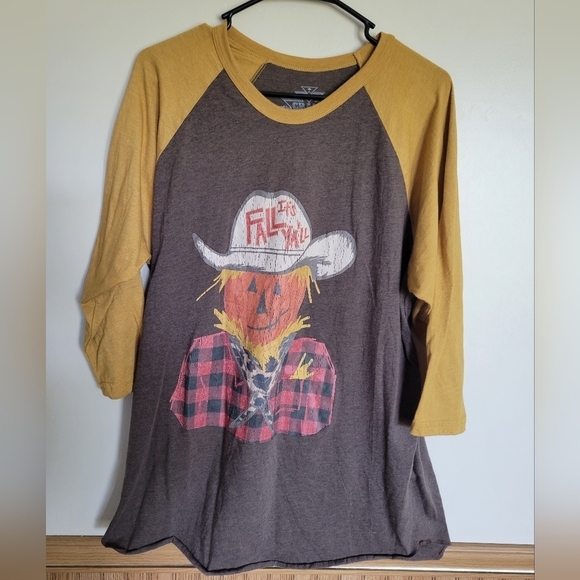 Crazy Train "It's Fall Ya'll" Scarecrow Mustard Yellow 3/4 Sleeve Raglan Tee - Picture 1 of 4